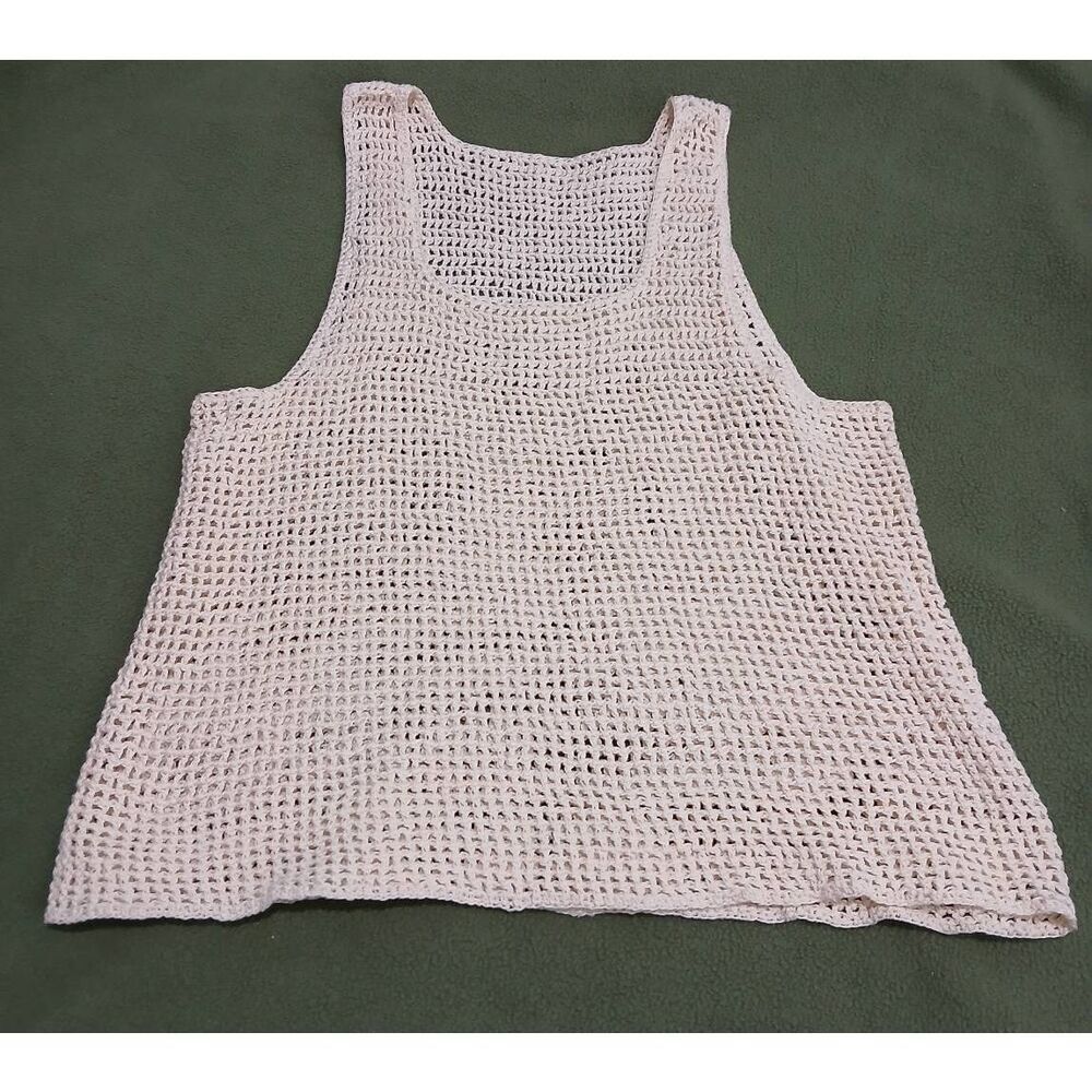 Womens small hand made top crochet knit cropped beige transparent